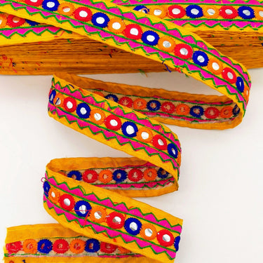 Yellow And Pink Indian Mirror Trim Kutch Embroidered Navratri Garba Dress Trim Bridal Lace, Sari Border 30 mm Wide Trim Per 3 Yards
